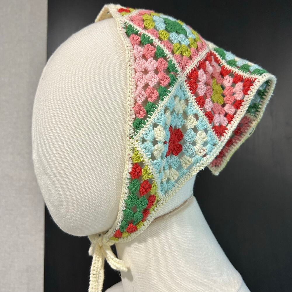 Boho Patchwork Granny Square Crochet Bandana Retro 70's Hair Scarf Triangle